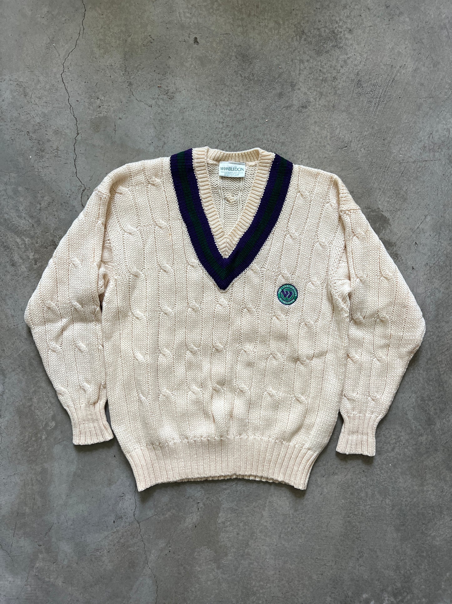 Vintage Wimbledon Cream Cable Knit Sweater (circa 1990s)